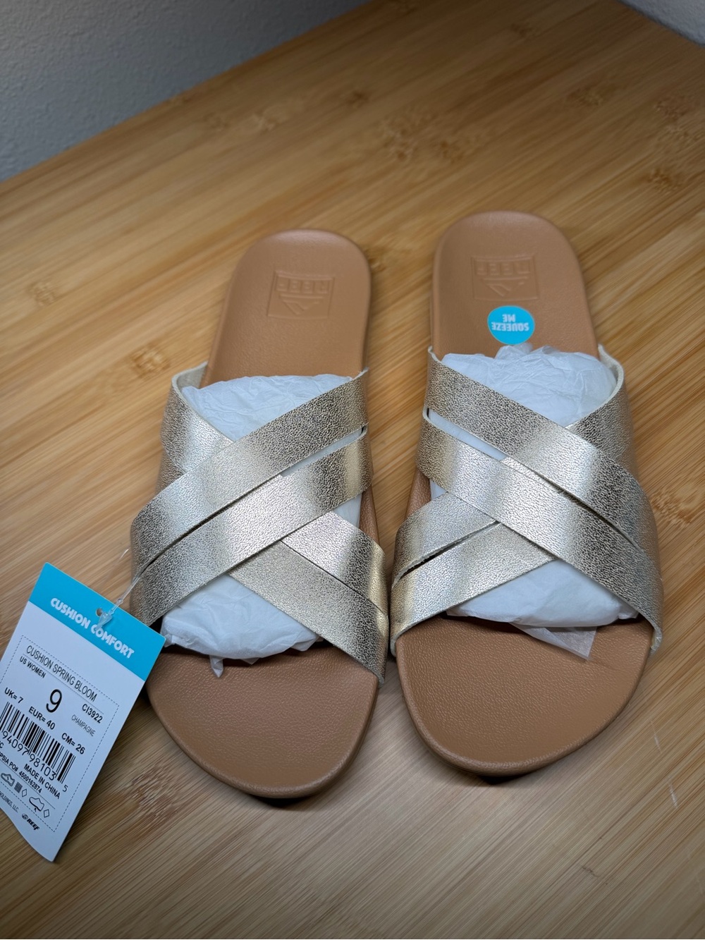 REEF Cushion Spring Bloom Comfort Slide Sandals Metallic Champagne Gold Size 9